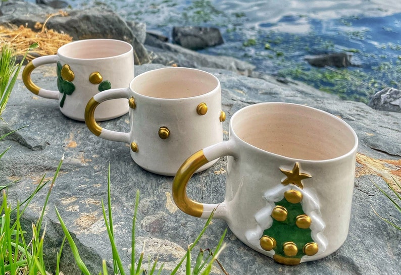 Handmade Gilded Ceramic Mug, Pottery Ceramic Cute Mug Gift for Christmas, St Patricks Day Four-Leaf Clover Mug, Embossed Polka Dot Mug Decor image 5