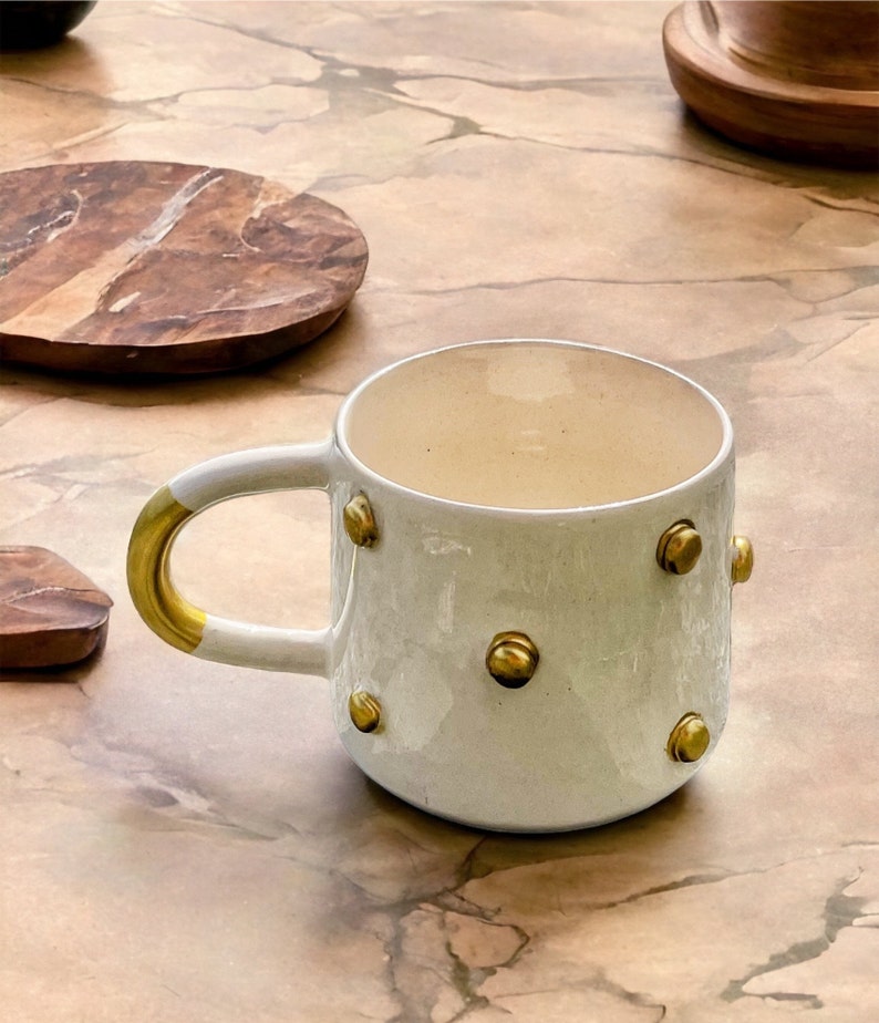 Handmade Gilded Ceramic Mug, Pottery Ceramic Cute Mug Gift for Christmas, St Patricks Day Four-Leaf Clover Mug, Embossed Polka Dot Mug Decor image 7