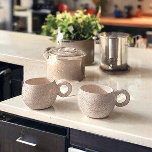 Handmade Light Cream Speckled Mug for Mother's Day, Splash Ink Chubby Ceramic, Ring Handle Coffee Mug, Round Handled Tea Cup for Tea Lovers image 4