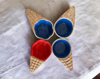 Handmade Ceramic Ice Cream Cone-Shaped Miniature Serving Bowls: Color Options Available in Red, Blue, Green, and White.