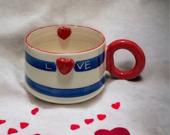 Ceramic Heart Mug Gift for Girlfriend, Handmade Romantic Pottery Mug for Valentine’s Day,  Coffee Cup of Love  Unique Gift Idea for Wife