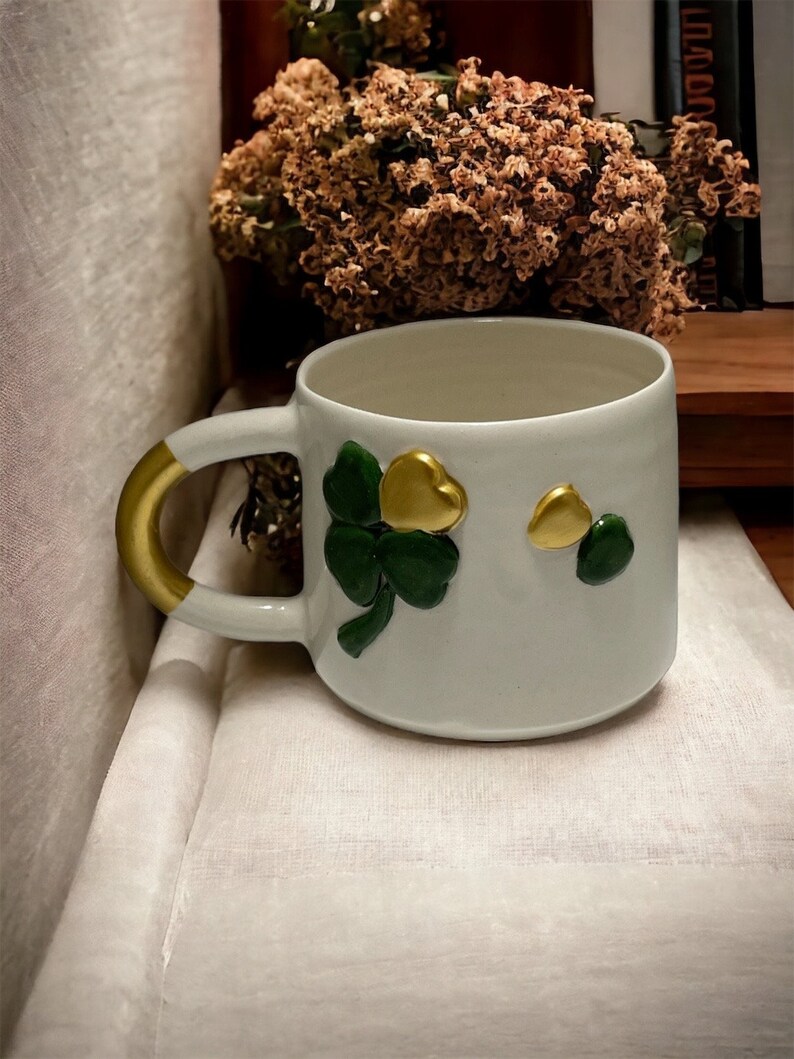 Handmade Gilded Ceramic Mug, Pottery Ceramic Cute Mug Gift for Christmas, St Patricks Day Four-Leaf Clover Mug, Embossed Polka Dot Mug Decor image 2