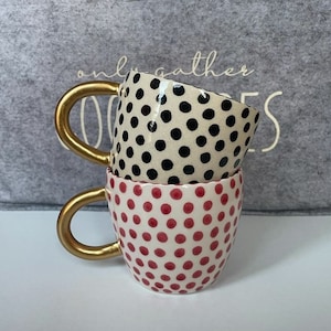 Handmade Black and Red Speckled Ceramic Mugs with Golden Handles for any Beverage or Coffe Lovers, Spotted Cup for a Fantastic Gift to Her image 1