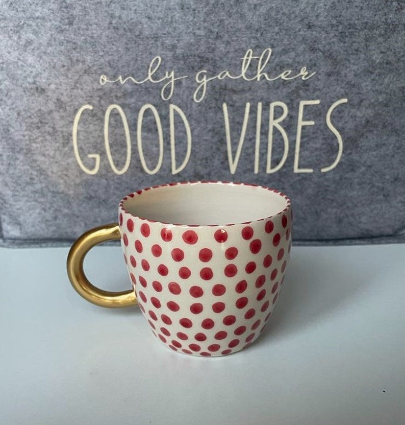Handmade Black and Red Speckled Ceramic Mugs with Golden Handles for any Beverage or Coffe Lovers, Spotted Cup for a Fantastic Gift to Her image 8