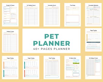 May include: A printable pet planner with 40+ pages. The planner includes sections for weekly pet planning, vet visit records, vaccination records, treat recipes, preventative medication, walking tracker, puppy training, and pet wellness tracker.