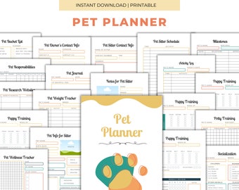 May include: A printable pet planner with various pages for tracking pet information. The planner includes sections for pet owner contact info, pet sitter details, training, and wellness. The cover features the text "Pet Planner" and a paw print design.