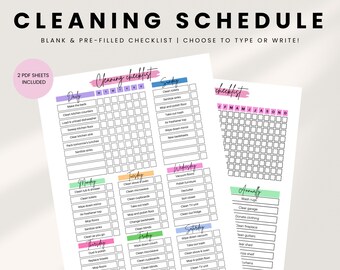 Puede incluir: Una lista de verificación de planificación de limpieza imprimible con un esquema de color rosa, azul, verde y naranja. La lista de verificación incluye tareas diarias, semanales, mensuales y anuales. El texto en la lista de verificación dice "Planificación de limpieza" y "Lista de verificación de limpieza".