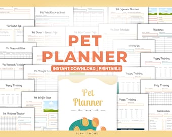 May include: A printable pet planner with a colorful design featuring paw prints and a dog bone. The planner includes pages for pet expenses, milestones, activity logs, puppy training, potty training, socialization, and more.