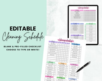 Puede incluir: Lista de verificación de planificación de limpieza imprimible con un diseño colorido. La lista de verificación incluye tareas diarias, semanales y mensuales. La lista de verificación es editable y se puede usar para escribir o escribir las tareas.