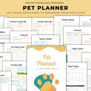 May include: Printable pet planner with 40+ pages to help organize your pet's life. The cover features a colorful paw print design and the text "Pet Planner".