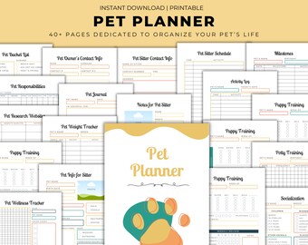 May include: Printable pet planner with 40+ pages to help organize your pet's life. The cover features a colorful paw print design and the text "Pet Planner".