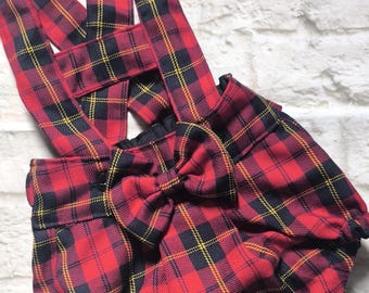 Cute Unisex Baby Romper in Red and Dark Blue Scottish Tartan Check | Baby Outfit for Christmas, Boy and Girl