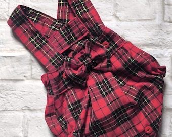 Cute Unisex Baby Romper in Red, Black and Gold Scottish Tartan Check | Baby Outfit for Christmas for Boys and Girls