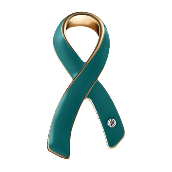 Teal Ribbon Awareness Pins w/ Crystal for Ovarian Cancer, PTSD, Rape - Bulk Quantities Available