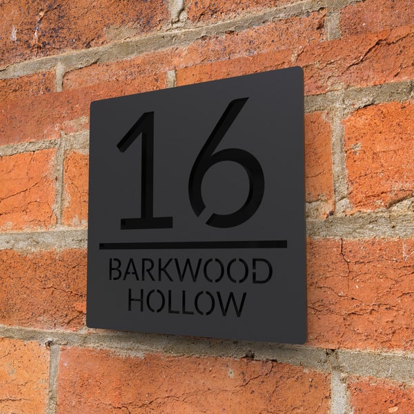 Laser Cut House Signs Numbers Matt Black Acrylic Plaque With Gloss Black Backplate - Personalised