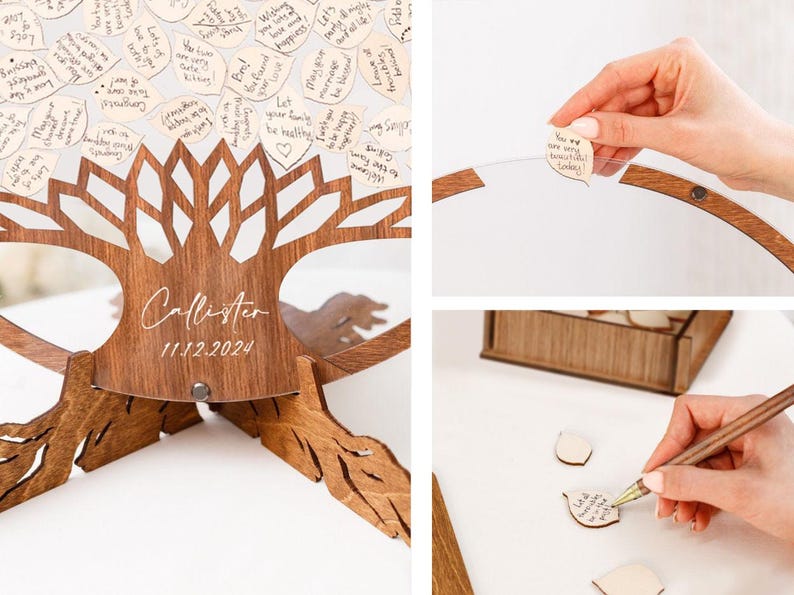 May include: A wooden tree-shaped guest book with a clear acrylic panel to hold personalized wooden leaves. The leaves are blank and can be written on by guests. The base of the tree is engraved with the date "11.12.2024" and the name "Callister".