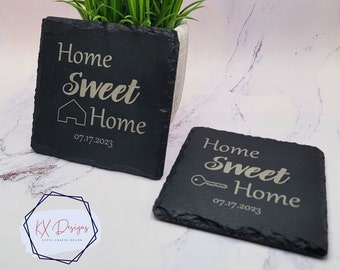 Personalized Laser Engraved Slate Coasters - Home Sweet Home | Set of 4 | Housewarming, Real Estate, Closing, Realtor, Appreciation Gift