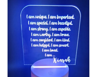 Custom Positive Affirmations Acrylic LED night lights for kids | Personalized and laser engraved | Gift for kids, home décor kids