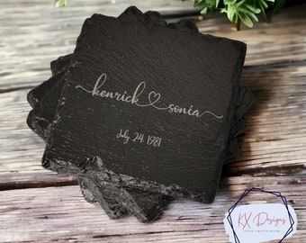 Personalized Laser Engraved Slate Coasters - Connected hearts| Set of 4 | Wedding gifts, Engagement gifts, Anniversary gifts, Party Favors