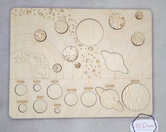 Rompecabezas del sistema solar, rompecabezas de madera, planetas, luna, planeta enano, Montessori, espacio, educación en casa y en el aula, actividad de aprendizaje de ciencias STEM