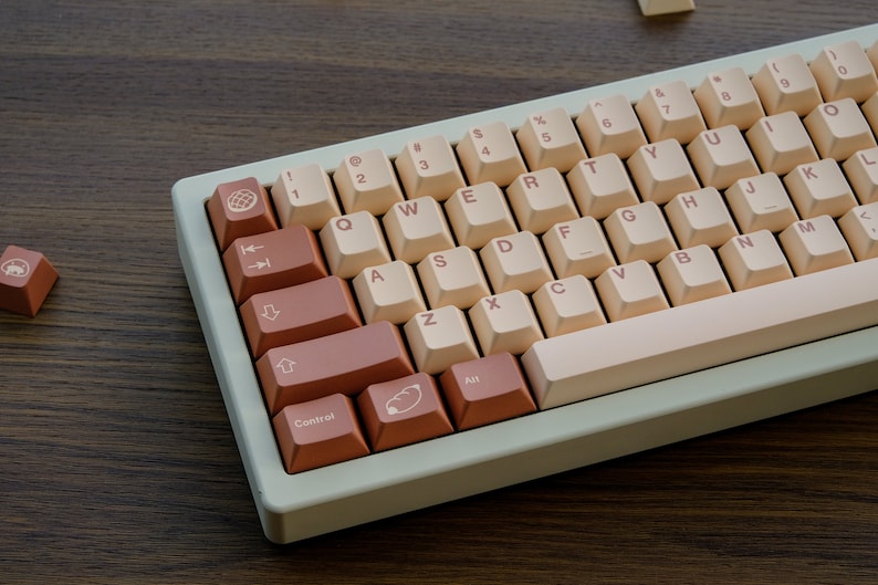 May include: A beige and brown mechanical keyboard with a light beige case and brown keycaps. The keyboard has a standard layout with function keys, number keys, and a space bar. The keycaps have various symbols and letters printed on them.