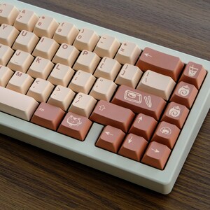 May include: A light green keyboard with beige keys and brown keys with various symbols. The symbols include a cat, a cup of coffee, a pastry, and a pair of chopsticks.