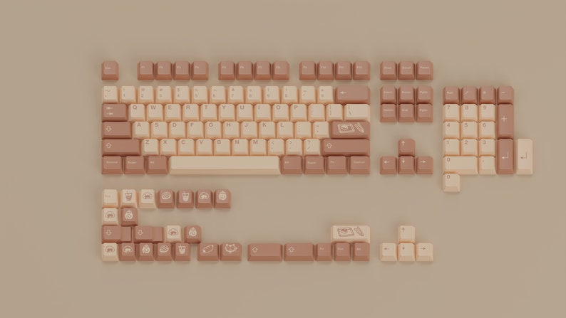 May include: A full keyboard set with beige and brown keycaps. The keycaps feature various symbols and icons, including a coffee cup, a cat, a cake, and a camera. The keyboard is laid out in a standard QWERTY configuration.