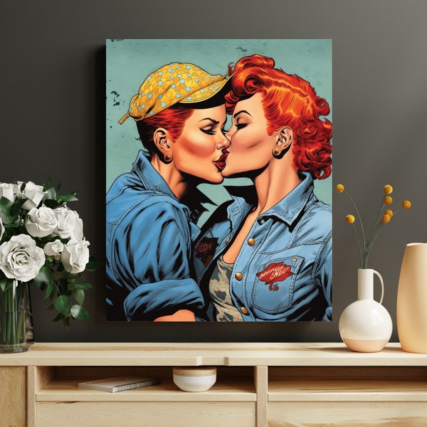 Retro Lesbian Art Print Femme Kissing Rosie The Riveter and I Love Lucy Classic 50s Comic Art Bisexual Love Wall Art Lesbians Kissing Art