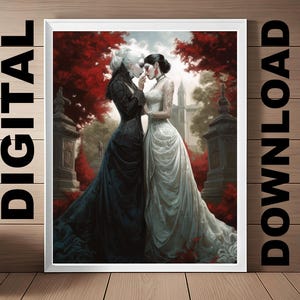 Japandi Brides Kissing Fantasy Lesbian Art Print | Queer F/F Yuri Digital Art | LGBTQ+ Wedding Gift | Femme Kiss Bachelorette Home Decor