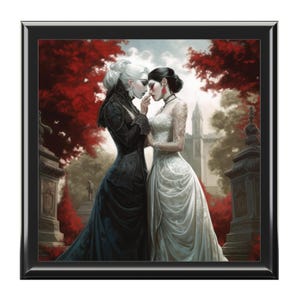 May include: Two women in Victorian-era clothing stand in a graveyard. One woman wears a black dress and the other wears a white dress. They are looking at each other and touching foreheads. The background is a red and green forest.