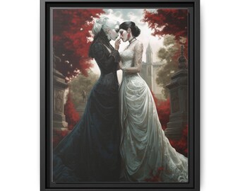 Gothic Braut Brautpaar Leinwand Kunstdruck HLW Hochzeitsbild Viktorianisch Lesben Paar Wand Dekor Vampir Romantik Geschenk Eingerahmt Gothic Wandbild