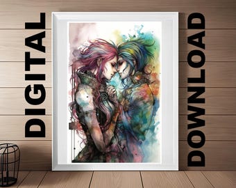 Fantasy Lesbian Art Print Femme Kissing Girls Yuri Watercolor Nonbinary Art Queer Kiss Bachelorette WLW Wedding Gift Digital Download