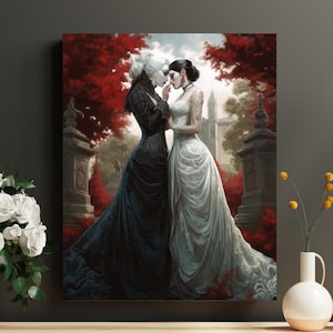 Lesbian Gothic Wedding Art Print LGBTQ+ Fantasy Wall Decor Dark Romance Poster Same-Sex Brides Gothic Aesthetic Gift Queer f/f Artwork