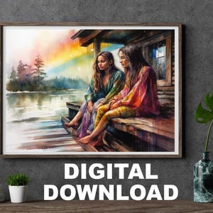 Watercolor Lesbian Art Print Femme Art Print Lesbian Love Bachelorette Lesbian Wedding Gift WLW Art With Biracial Lesbians Art Digital Print