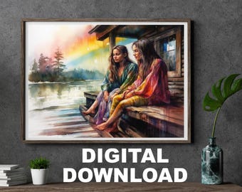 Watercolor Lesbian Art Print Femme Art Print Lesbian Love Bachelorette Lesbian Wedding Gift WLW Art With Biracial Lesbians Art Digital Print