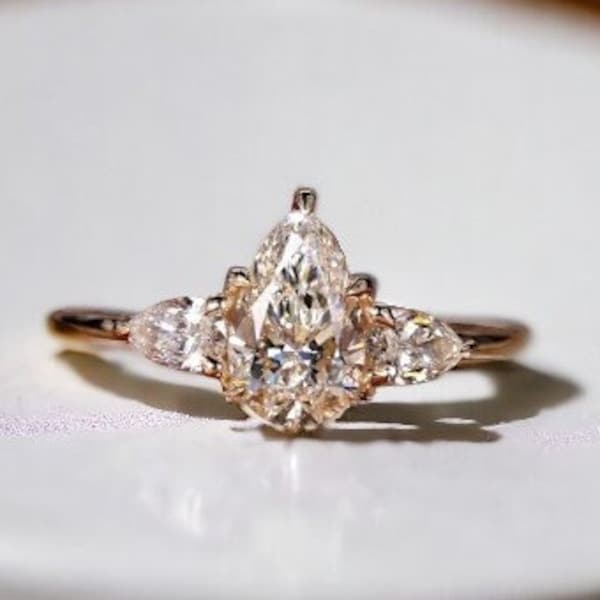 Three Stone Diamond Engagement Ring, Classic Pear Shaped Lab Grown Diamond Wedding Ring, Certified Pear Lab Diamond Ring, Anniversary Gifts