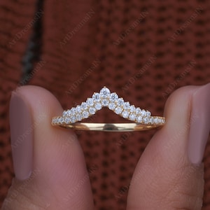 Obrączka ślubna w stylu vintage z diamentami Chevron, pierścionek z diamentami Tiara 14K, wygięta obrączka ślubna z diamentami hodowanymi laboratoryjnie, obrączka ślubna na rocznicę ślubu
