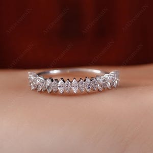 Art Deco Diamond Wedding Band, Alternating Vertical Marquise and Round Lab Grown Diamond Half Eternity Ring, Anniversary Band Stackable Ring