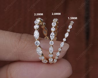 Alternating Marquise and Round Cut Lab Grown Diamond Band Marquise Wedding Band Half Eternity Band Stackable Band Shared Prong Wedding Band