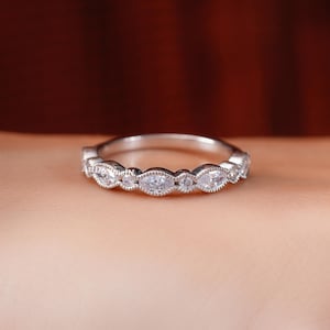 Art Deco Lab Grown Diamond Wedding Band, Alternating Marquise and Round Lab created Diamond Band 14K White Gold Half Eternity Stackable Ring