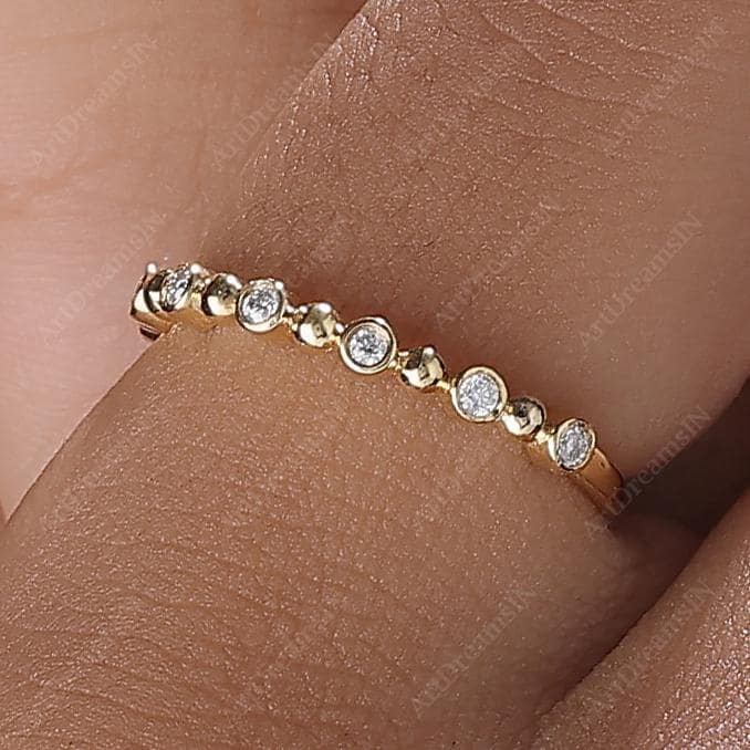 Aliança de casamento redonda com diamantes cultivados em laboratório, anel bolha de ouro 14K, anel minimalista empilhável, aliança de aniversário de meia eternidade