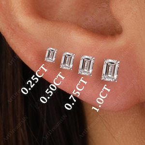 Best Gift Option • 14K Emerald cut Lab Grown Diamond Solitaire Stud Earring • 4 Prong Basket Setting • Minimalist Jewelry • Wedding Jewelry