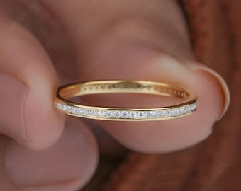 Dainty Channel Set Round Diamond Wedding Band, Lab Grown Diamond Full Eternity Ring, Bridal Matching Band, Anniversary Band, Ring for Women