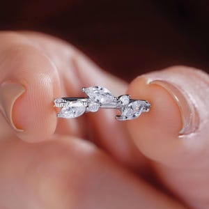 Nature inspired Marquise and Round Diamond Stackable Ring, Lab grown diamond wedding band, Leaf Diamond Bridal Anniversary Ring For Women