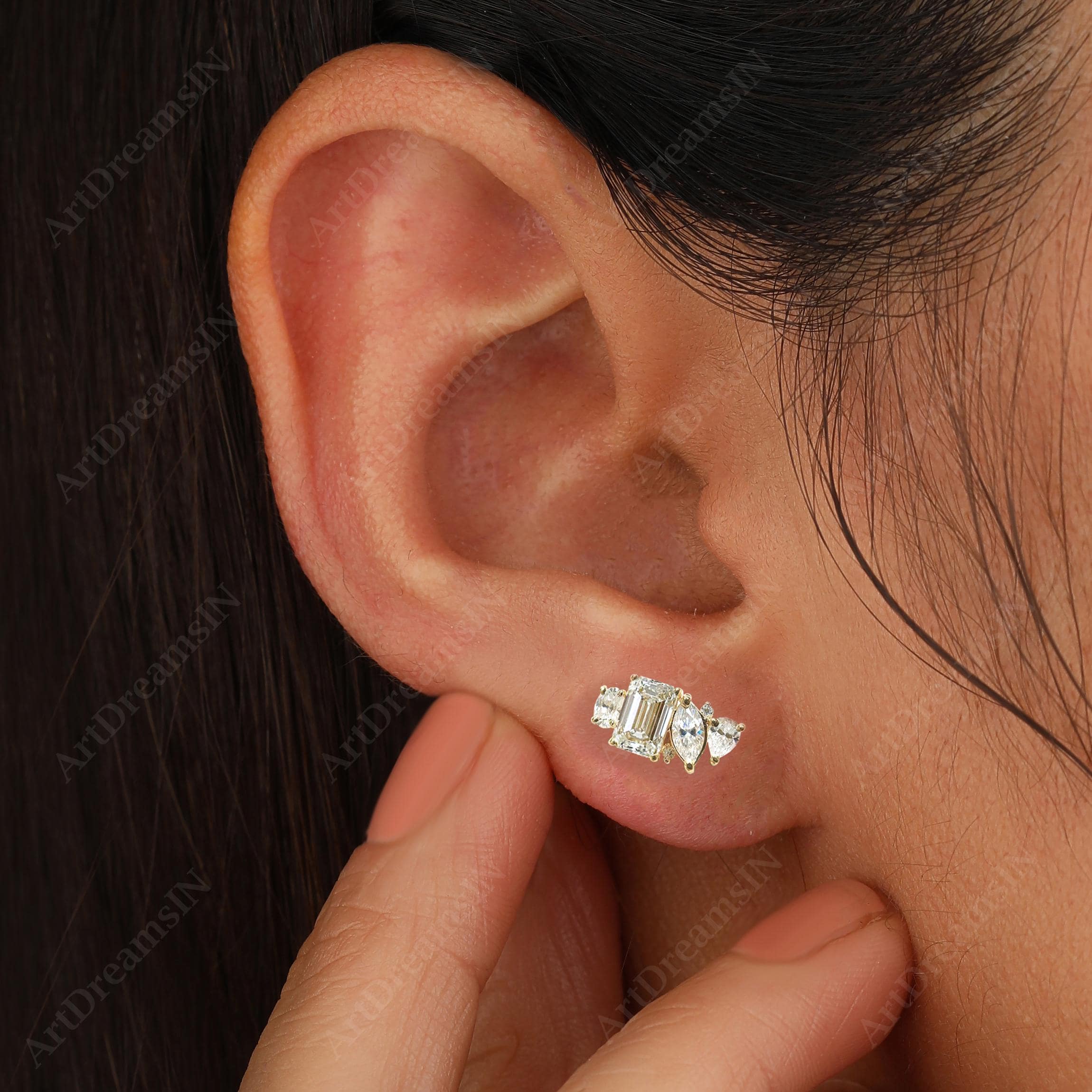 14K Multi Shape Lab Grown Diamond Earring, Cluster Diamond Earring