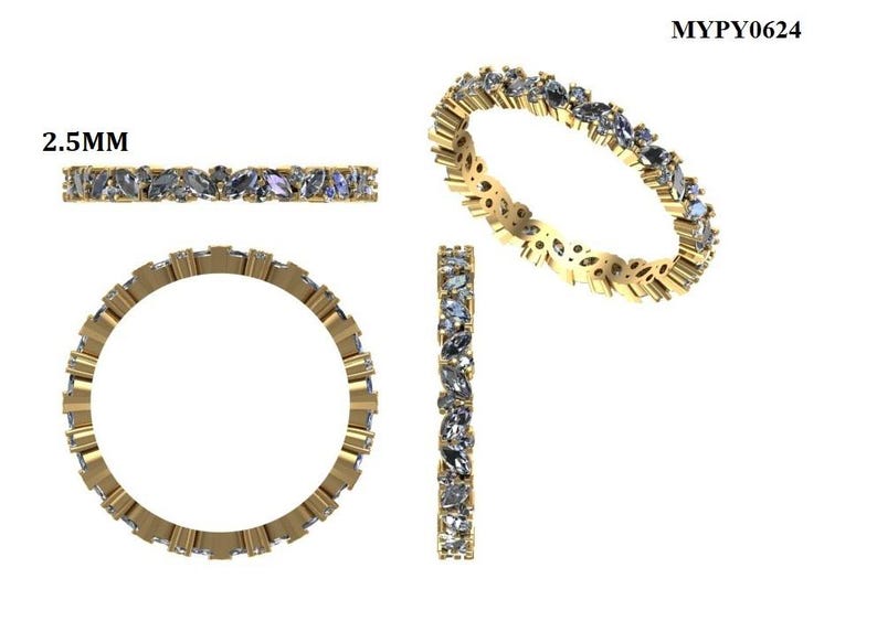 May include: A gold-colored ring with a band of alternating marquise-cut gemstones. The ring is shown from multiple angles, including a side view and a top-down view. The text "2.5MM" is visible. The product code "MYPY0624" is also visible.