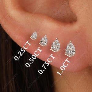 May include: Four pear-shaped diamond earrings in different sizes, 0.25 carat, 0.50 carat, 0.75 carat, and 1.0 carat.