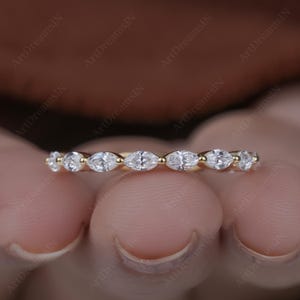 2MM Single Prong Marquise Lab Grown Diamond Wedding Band 14K Diamond Eternity & Half Eternity  Shared Prong Floating Diamond Stackable Ring