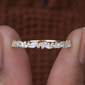 Dainty Marquise and Round Lab Grown Diamond Wedding Band, 14K Gold Diamond Half Eternity Ring, Bridal Stackable Ring, Christmas Gift for Her