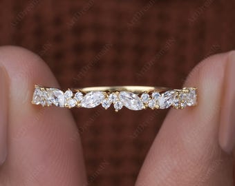 Dainty Marquise and Round Lab Grown Diamond Wedding Band, 14K Gold Diamond Half Eternity Ring, Bridal Stackable Ring, Christmas Gift for Her